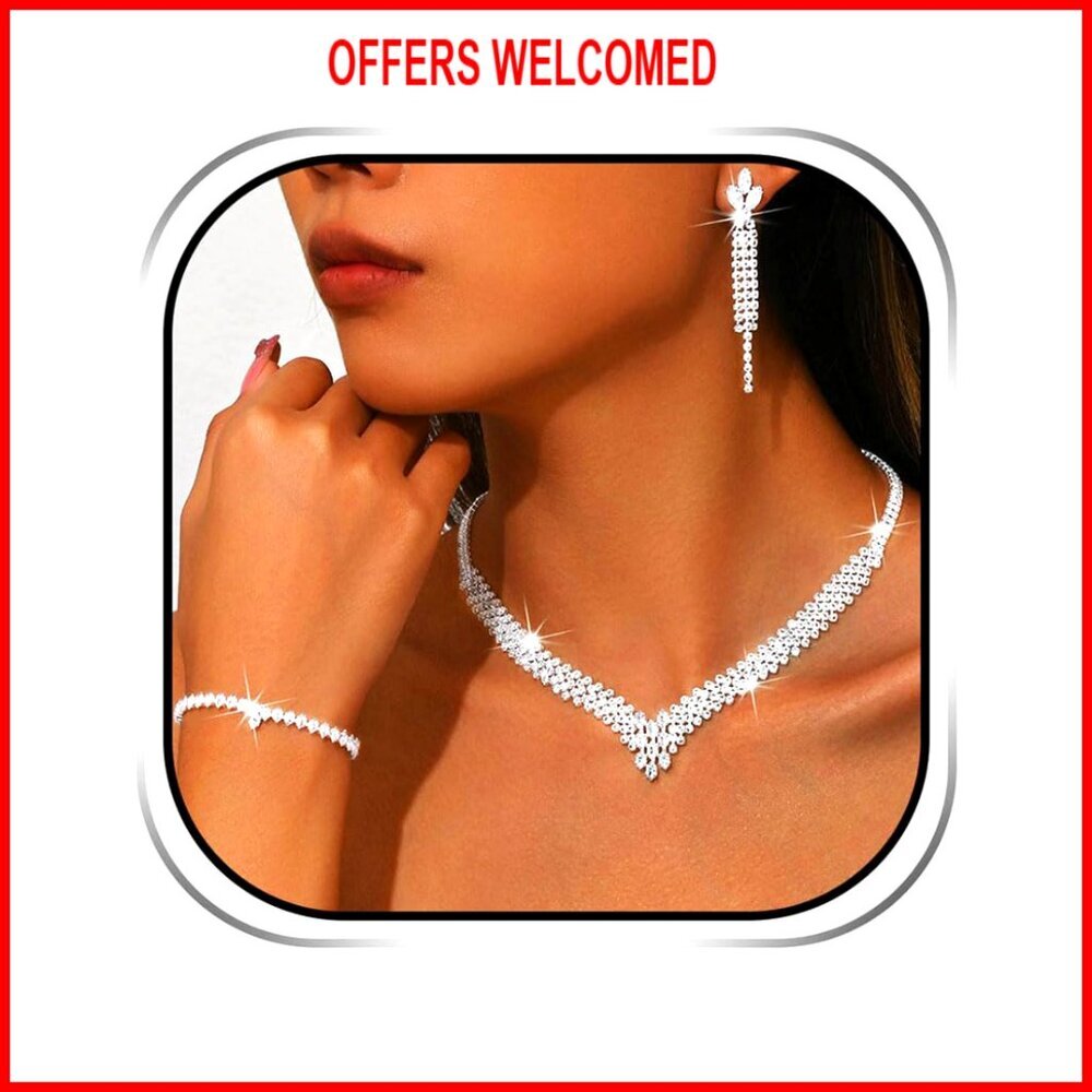 Rhinestone Silver Bridal Jewelry Set Necklace Earrings Bracelet Women